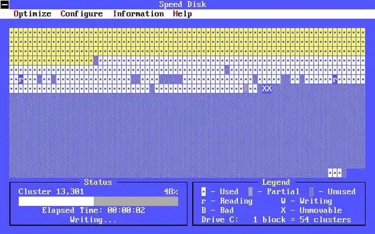 A screenshot of the 'Speed Disk' utility from an old Windows operating system, showing a disk optimization progress bar at…