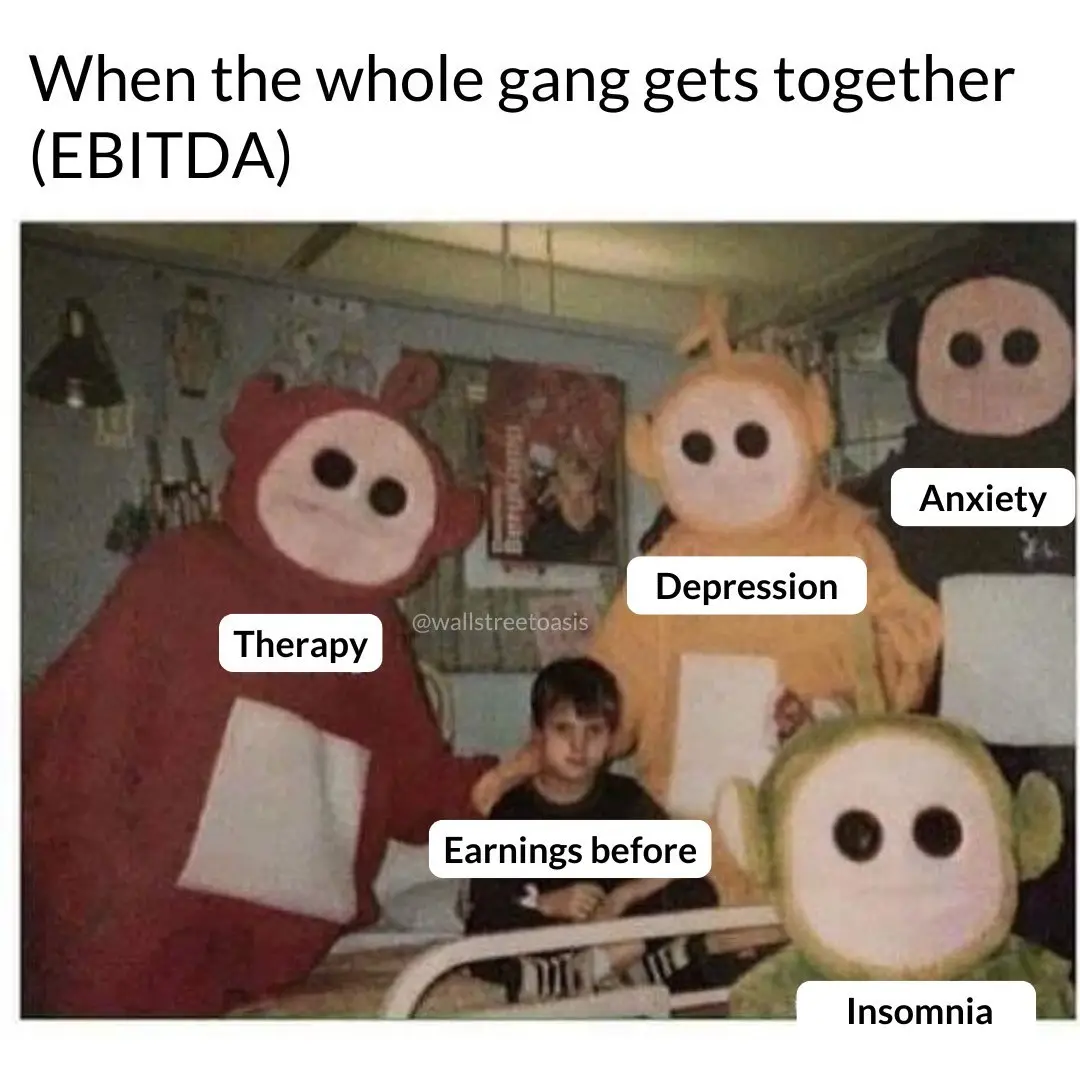 A photo of a young boy sitting in a bed surrounded by large, costumed Teletubbies. Each character has a white label with…