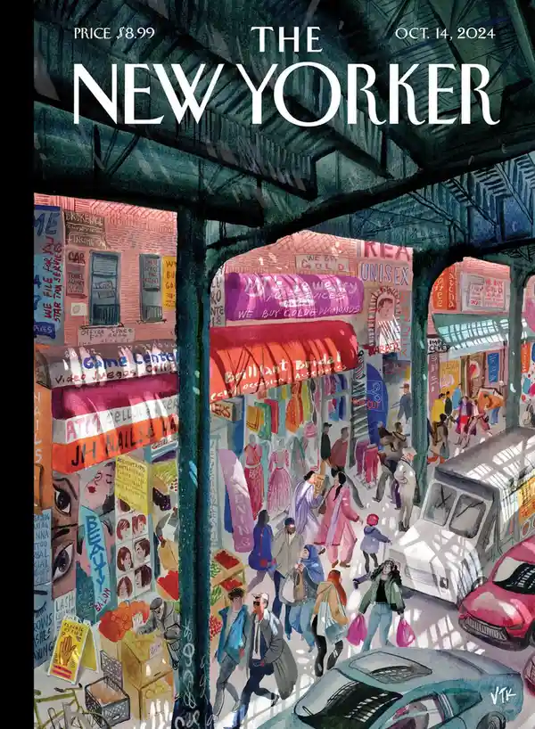 An illustrated cover of The New Yorker magazine dated October 14, 2024, priced at $8.99, depicting a bustling, colorful…