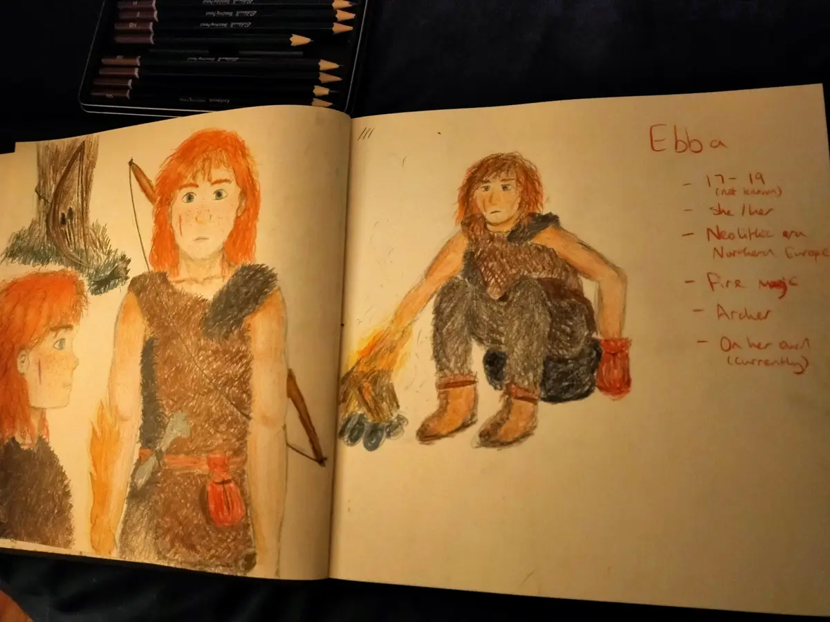 A hand-drawn sketchbook page shows two depictions of a character named 'Ebb a', one standing with a bow and another sitting…