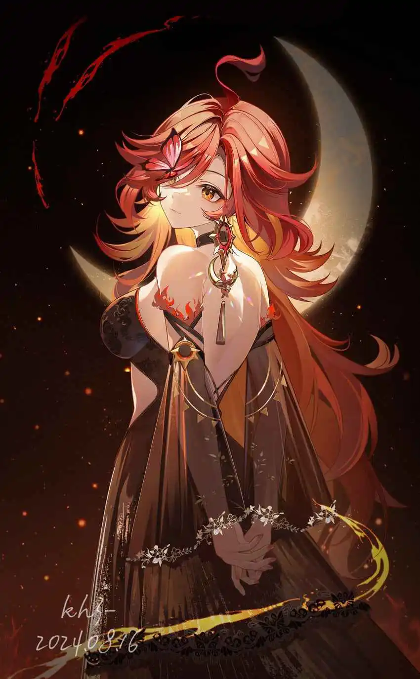 An anime-style illustration of a woman with long red hair and golden eyes, wearing a dark, ornate dress with flame motifs…