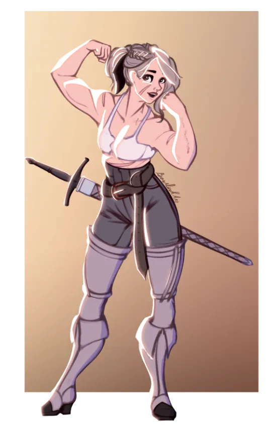 An anime-style illustration of a muscular woman with blonde hair in a ponytail, flexing her biceps while wearing a white…