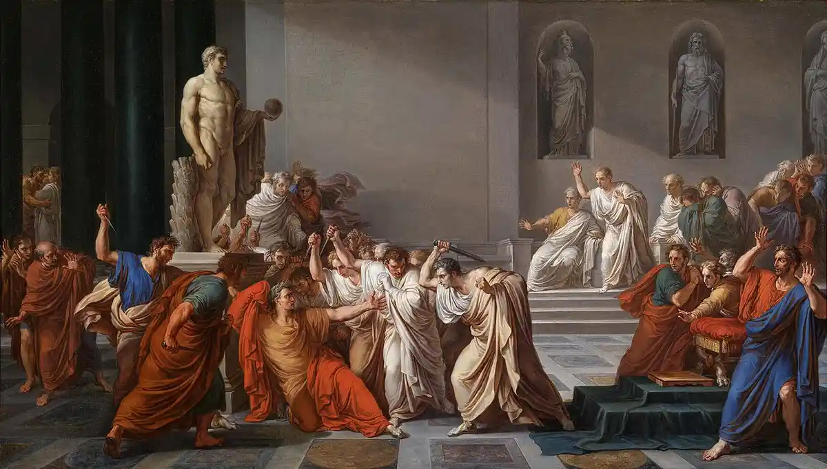a classical painting depicts a chaotic scene in a Roman setting with numerous figures in togas, some holding swords and…
