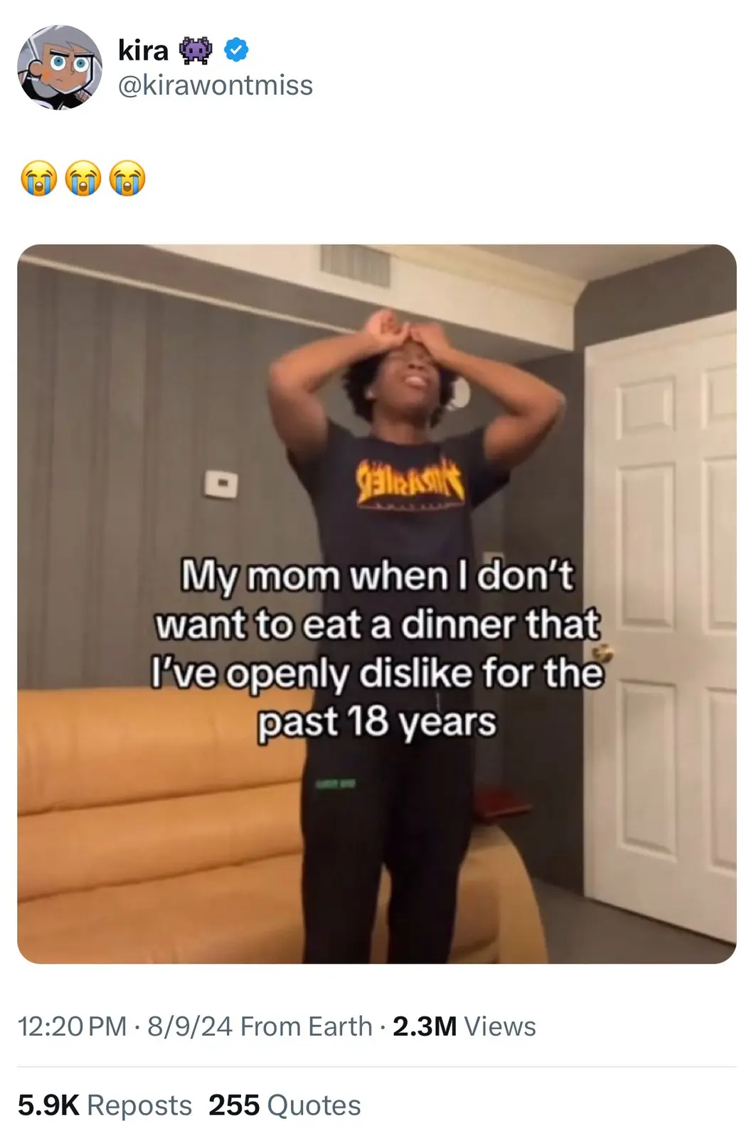 A person stands in a living room with hands on their head, looking exasperated, while text overlaid on the image reads 'My…