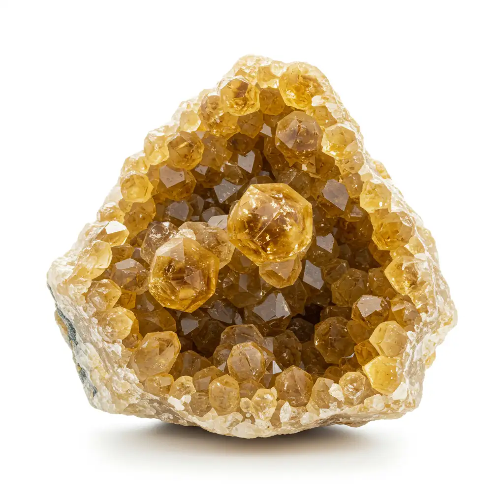 A close-up photograph of a yellowish-brown crystalline mineral specimen, likely citrine, with numerous faceted crystals…