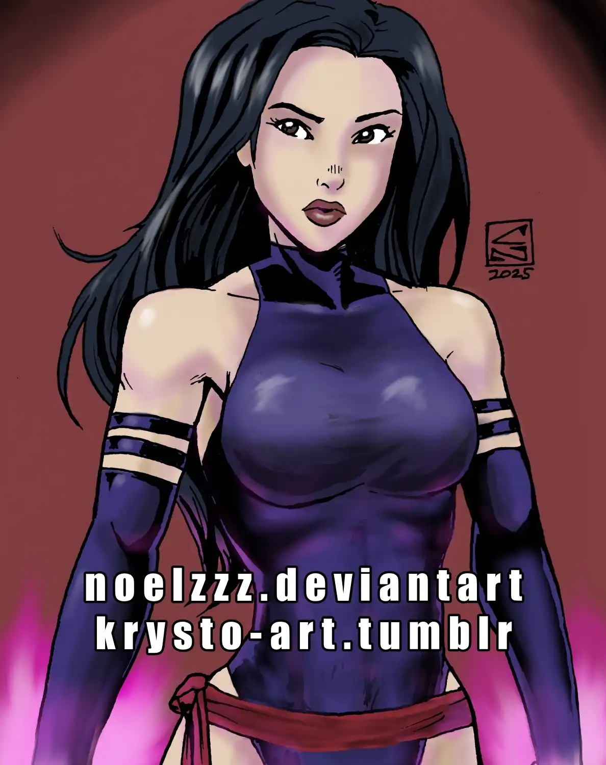 A digital illustration of a woman with long black hair and a stern expression, wearing a form-fitting purple top with black…