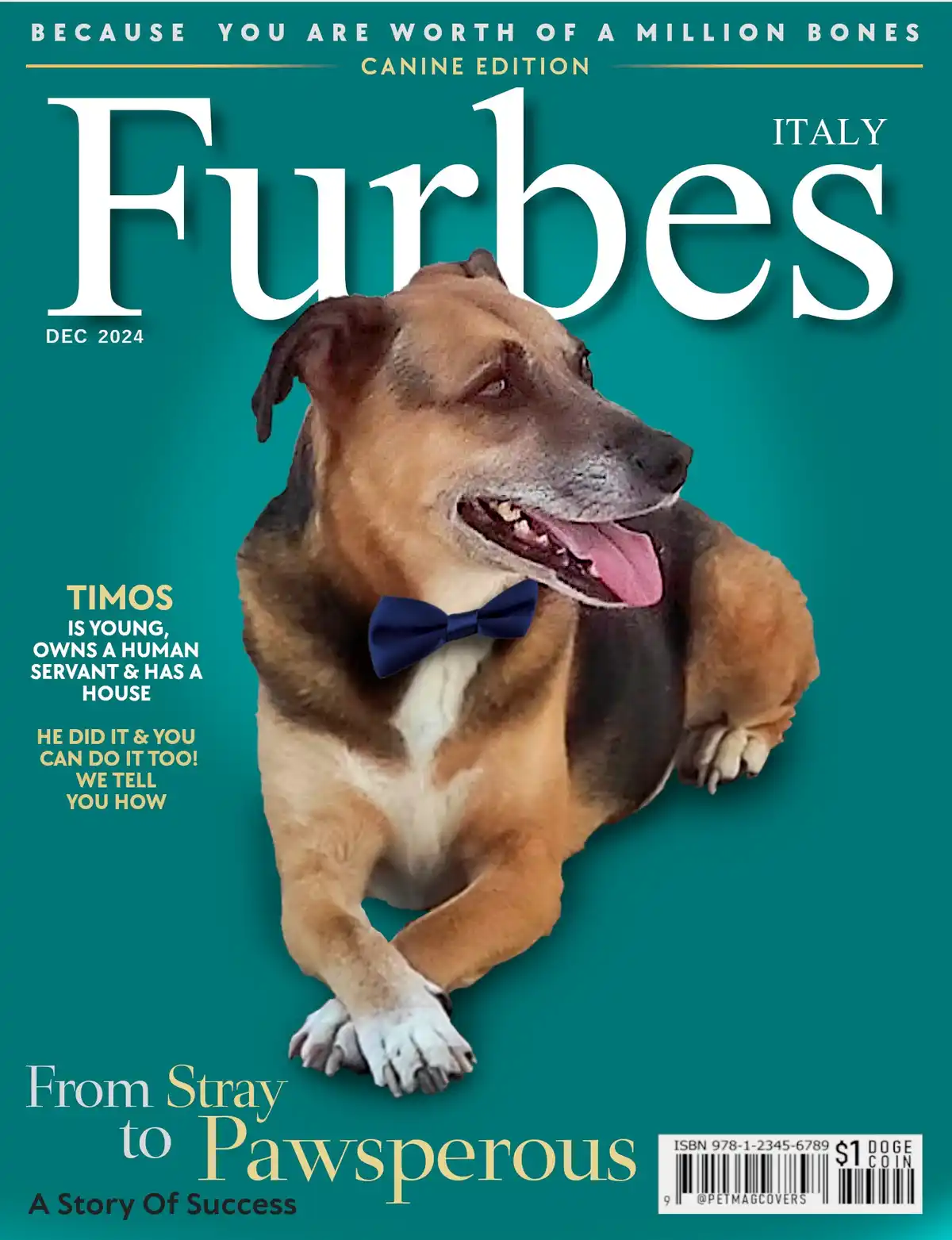 A dog wearing a blue bowtie is featured on a magazine cover parodying Forbes, titled 'Furbes Italy, Dec 2024'. The text…