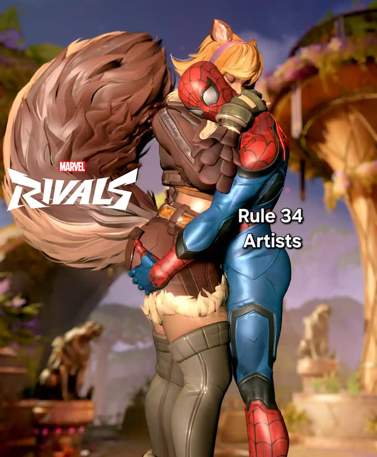 A digital illustration from Marvel Rivals shows Spider-Man in his classic red and blue suit embracing a female character…