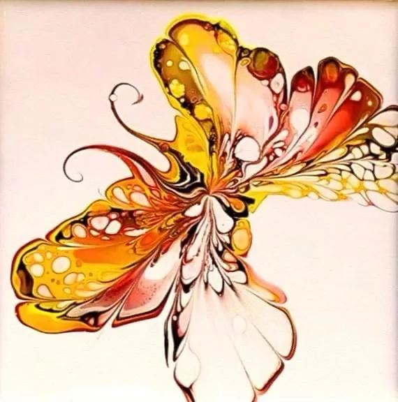 An abstract, colorful painting of a butterfly with flowing, melted-looking wings in shades of yellow, orange, and red…
