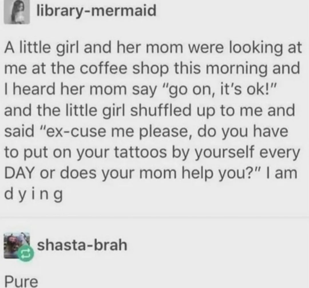 The image shows a screenshot of a social media post by 'library-mermaid' describing a conversation with a little girl at a…