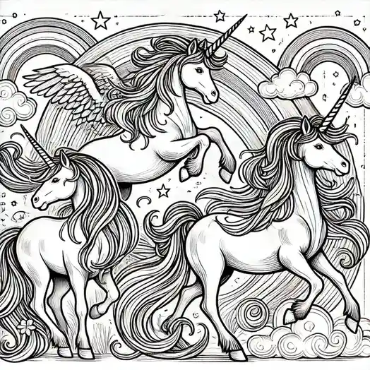 A black-and-white line art illustration shows three unicorns in a fantasy scene with rainbows, clouds, and stars. One…
