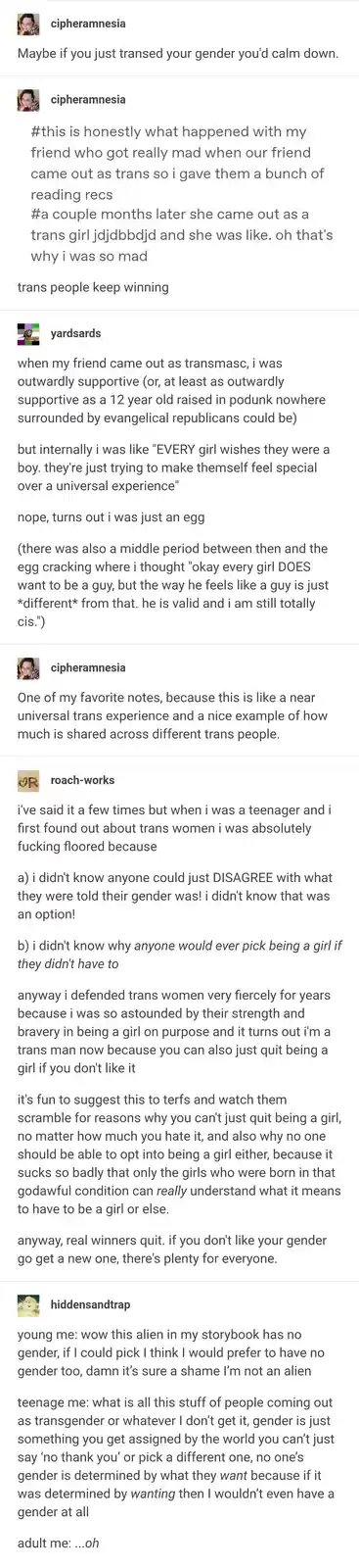 The image displays a screenshot of a Reddit thread with multiple user comments discussing personal experiences with gender…