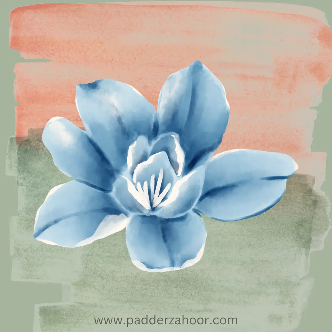A watercolor painting of a blue flower with white highlights, set against a background of peach and sage green brushstrokes…
