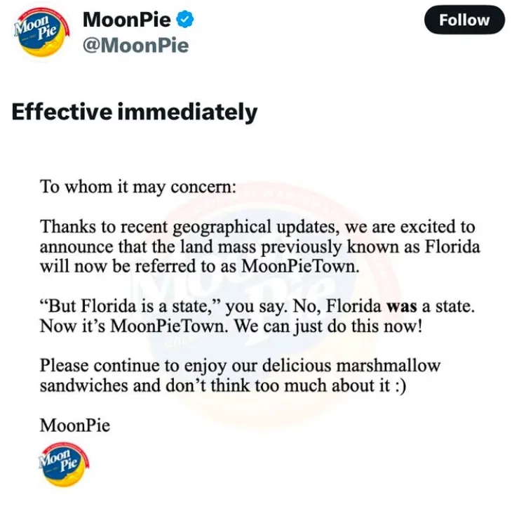A screenshot of a fake official tweet from the MoonPie brand, styled as a formal announcement. The text declares that…