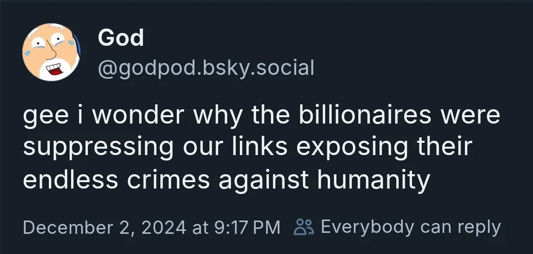 A screenshot of a social media post from a user named 'God' with a cartoon avatar of a crying, wide-eyed old man. The post…