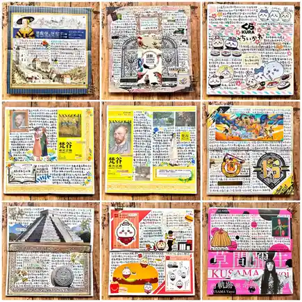 A collage of nine colorful, densely handwritten Japanese-style study cards or 'kawaii' art cards, each featuring a different…