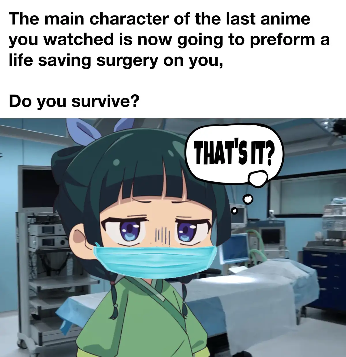 An anime character with dark hair and blue eyes, wearing a surgical mask and green scrubs, stands in an operating room. A…