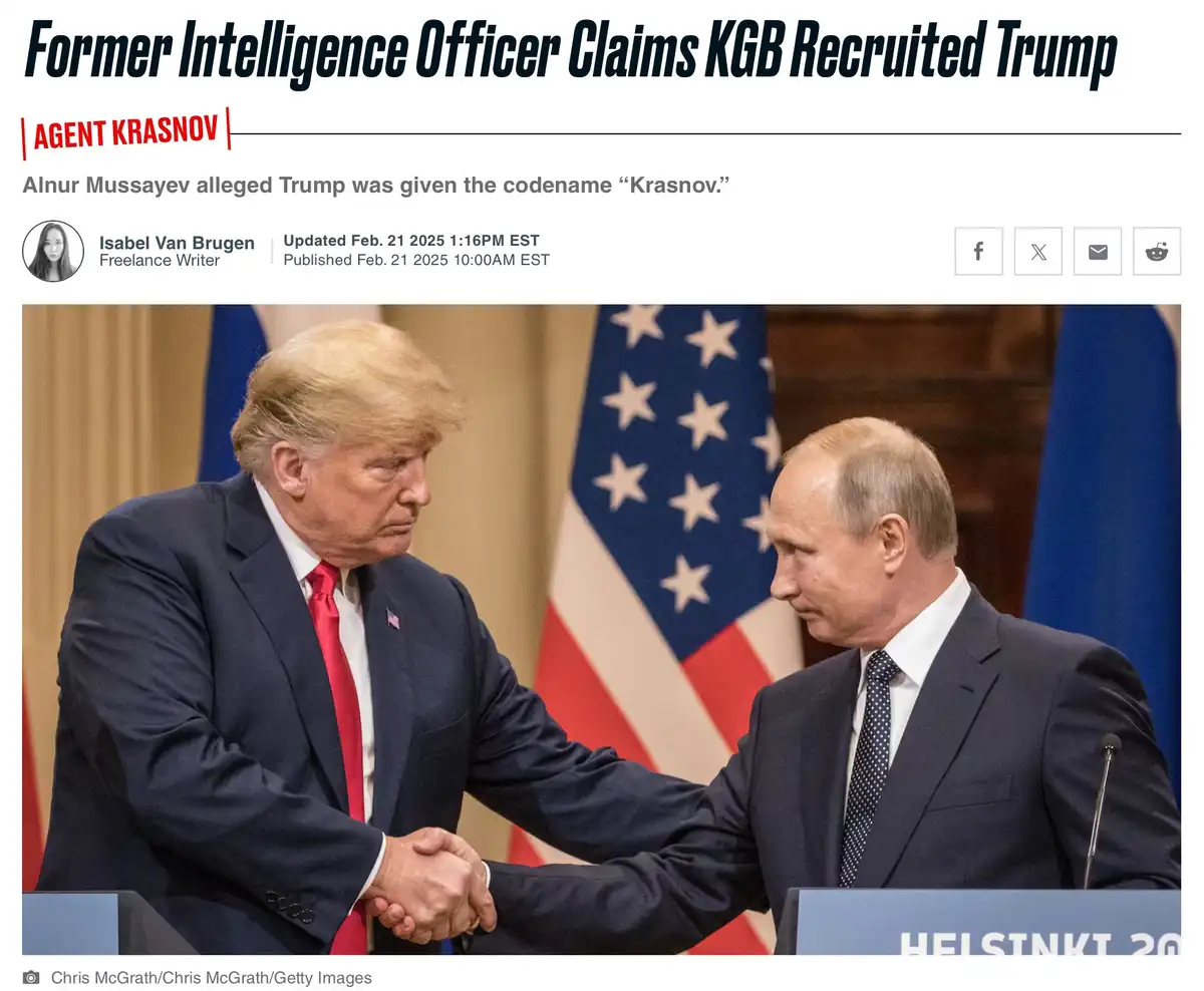 The image shows Donald Trump and Vladimir Putin shaking hands in front of American and Russian flags, overlaid with a fake…