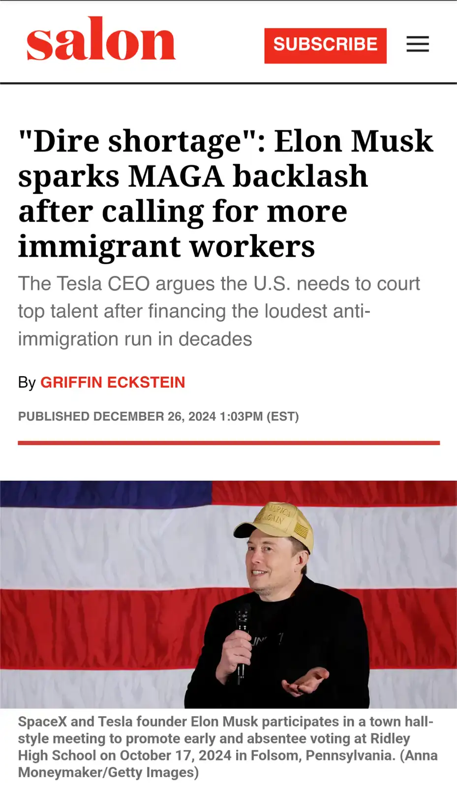 A screenshot of a Salon news article shows Elon Musk wearing a MAGA hat while speaking in front of an American flag. The…