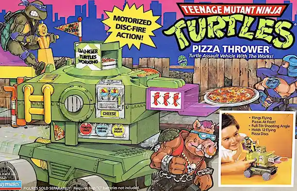 This is a vintage toy advertisement for the Teenage Mutant Ninja Turtles Pizza Thrower, a green motorized vehicle with a…