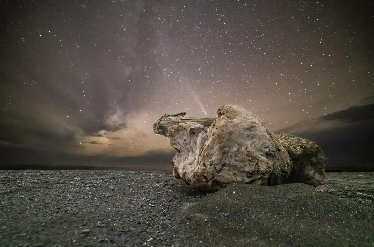 A large, weathered piece of driftwood rests on a dark, pebbly beach under a star-filled night sky with the Milky Way…