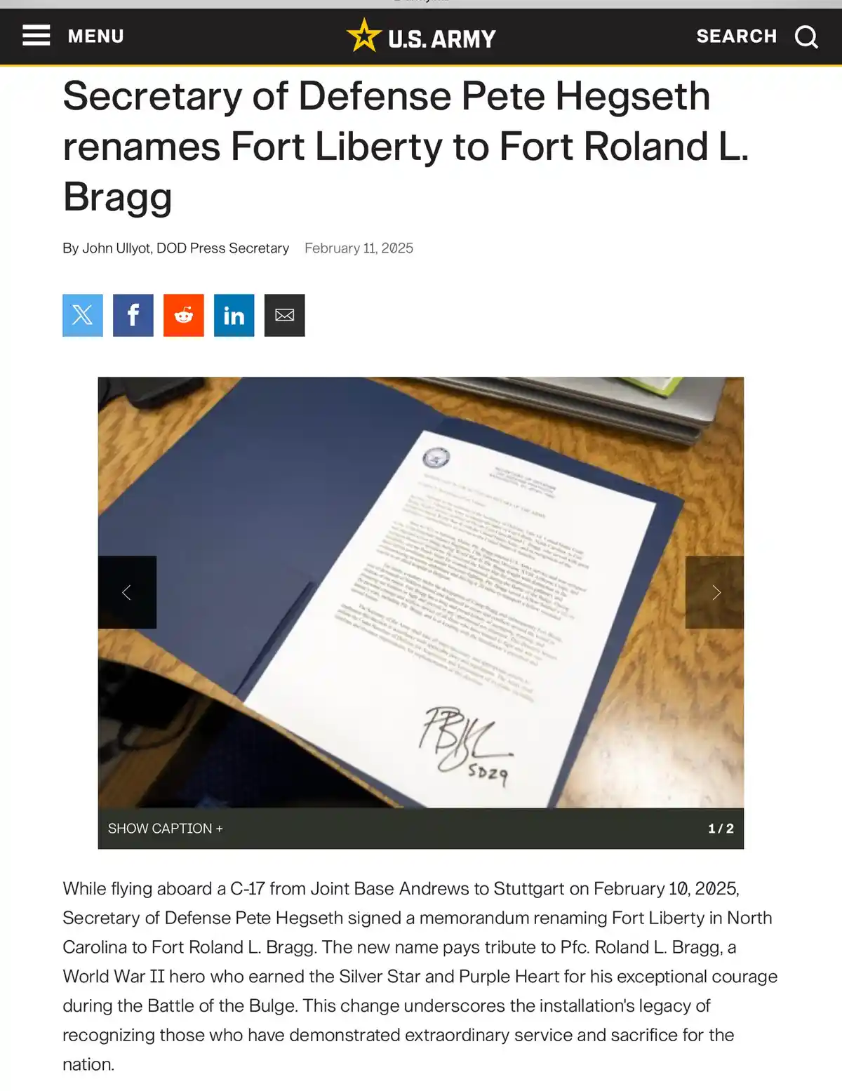 An image of a U.S. Army press release webpage showing a signed memorandum in a blue folder on a wooden desk. The headline…
