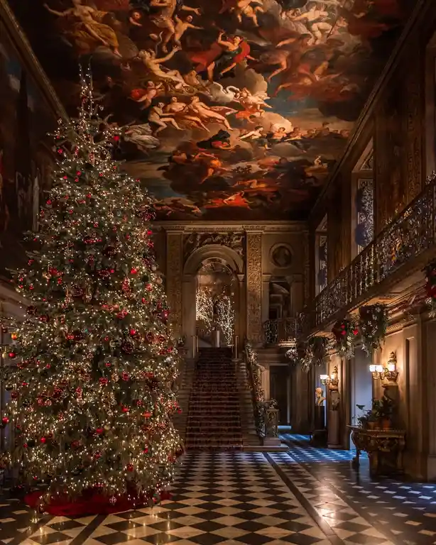 A grand, ornately decorated Christmas tree stands in a luxurious, opulent hallway with a checkered floor, ornate railings…