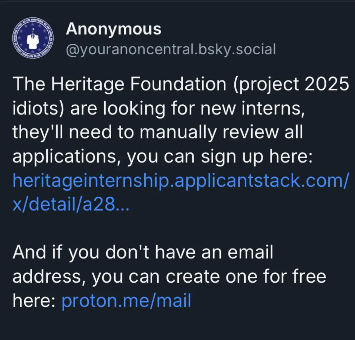 A screenshot of a dark-mode social media post from an account named 'Anonymous' with a blue circular logo featuring a…