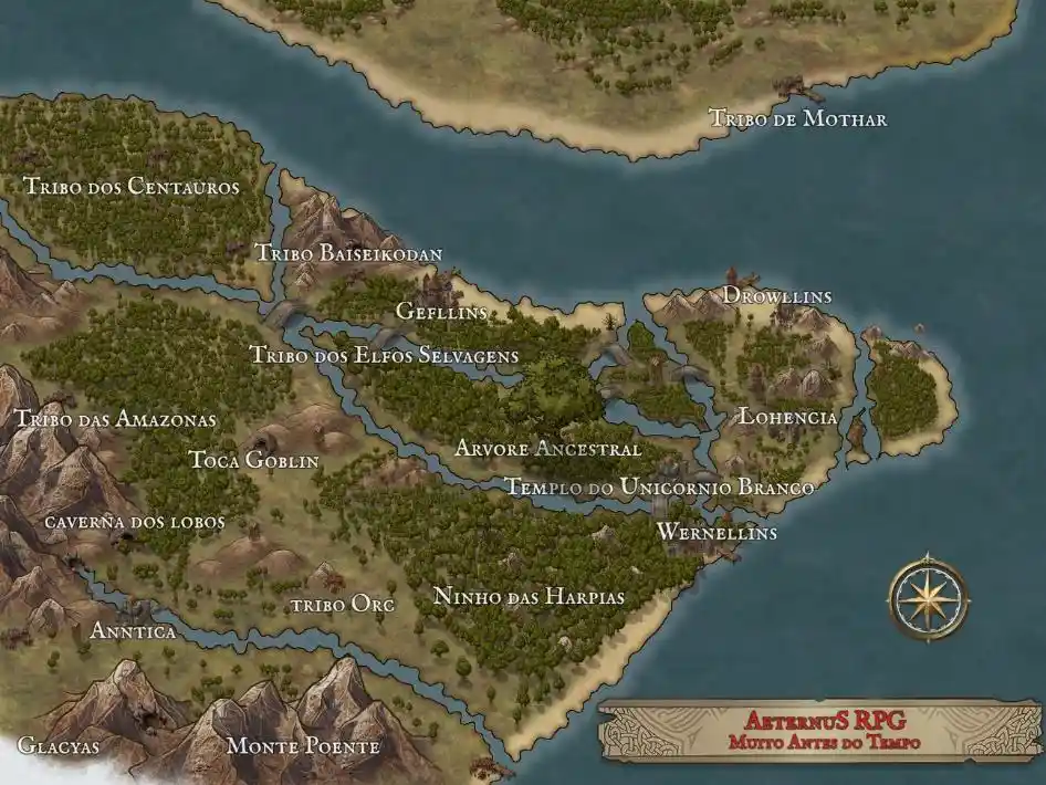 A fantasy map of a fictional world with labeled regions like 'Tribo dos Centauros', 'Tribo dos Elfos Selvagens', and 'Templo…