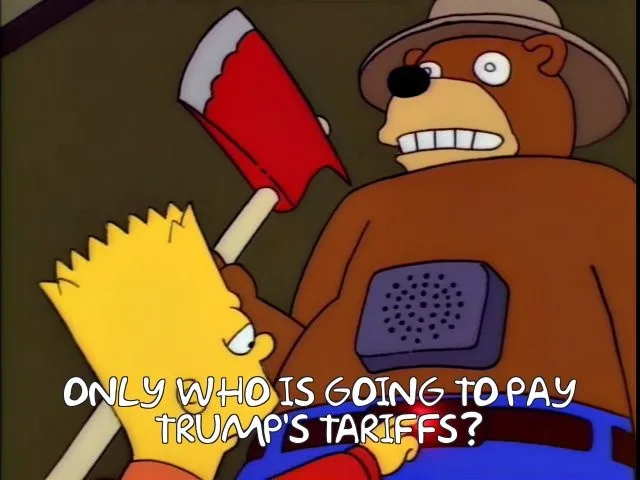 A still from The Simpsons shows Bart Simpson looking up at a large, angry-looking brown bear wearing a hat and holding a red…