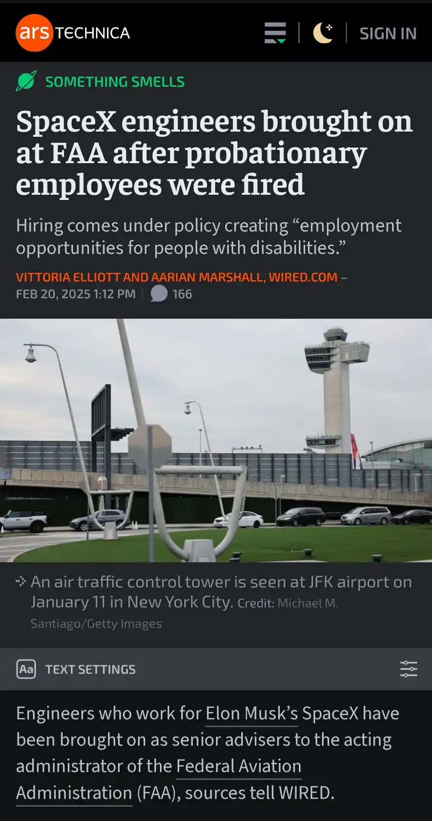 The image is a screenshot of an Ars Technica article titled 'SpaceX engineers brought on at FAA after probationary employees…