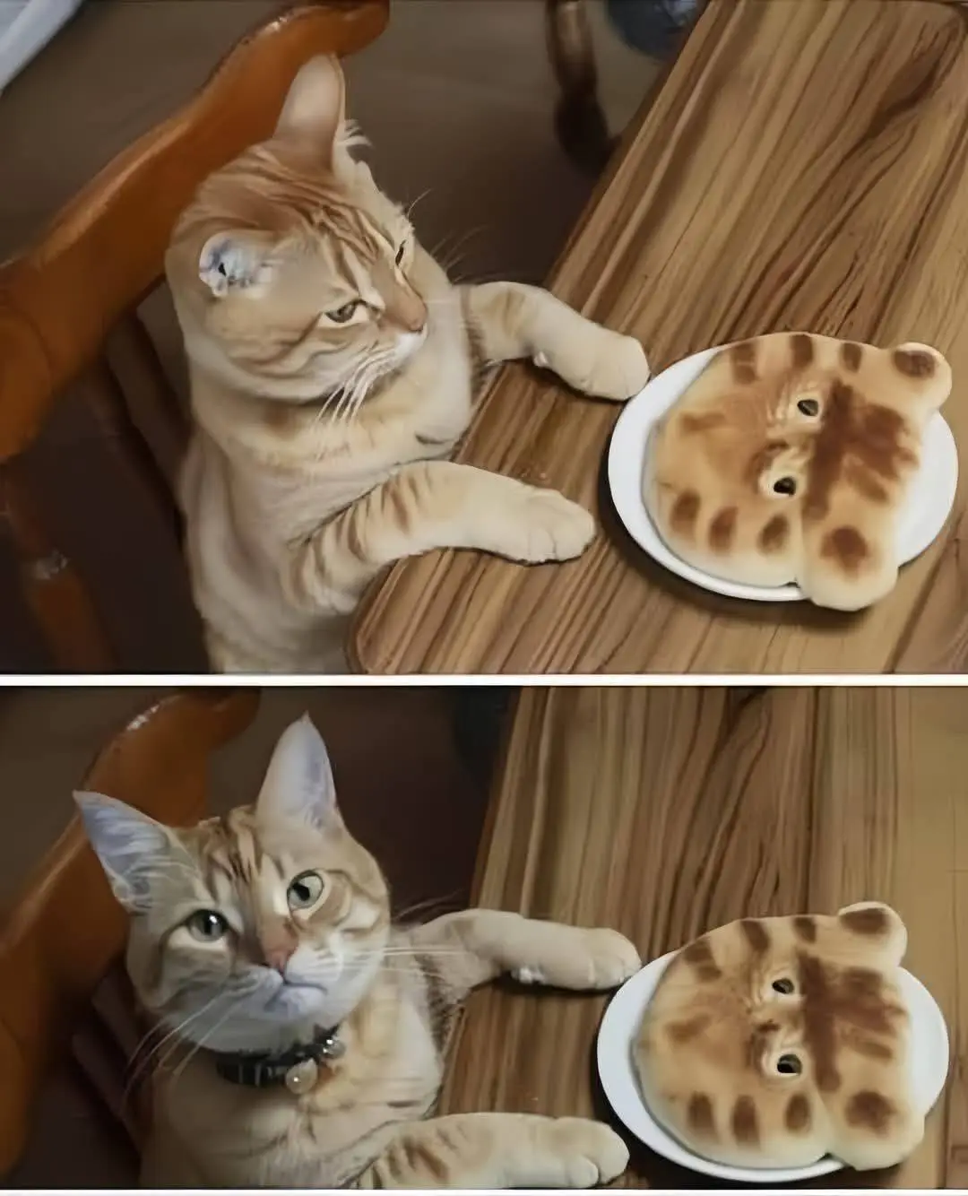 A two-panel image shows a ginger tabby cat sitting at a wooden table, looking at a pancake shaped like a cat's face on a…