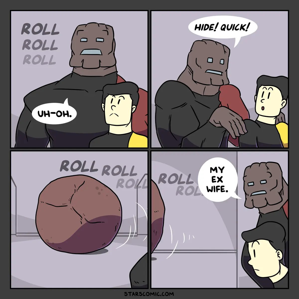 A four-panel comic shows a large, rock-like character with a worried expression and a smaller human character. The rock…