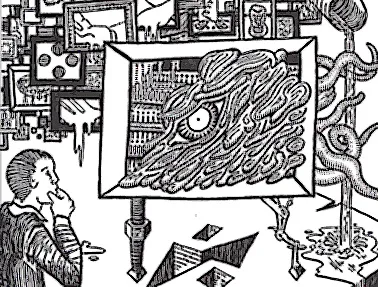 A black-and-white illustration shows a person in profile, hand on chin, staring at a large, framed painting that depicts a…