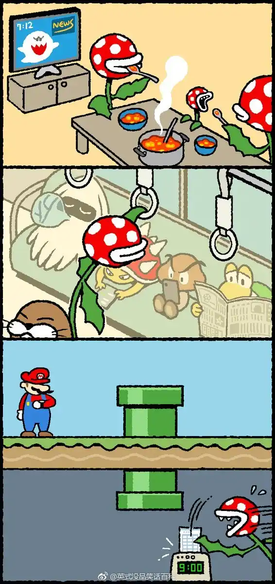 A four-panel comic strip shows red-spotted mushroom plants eating soup while watching news at 7:12, then hanging out in a…