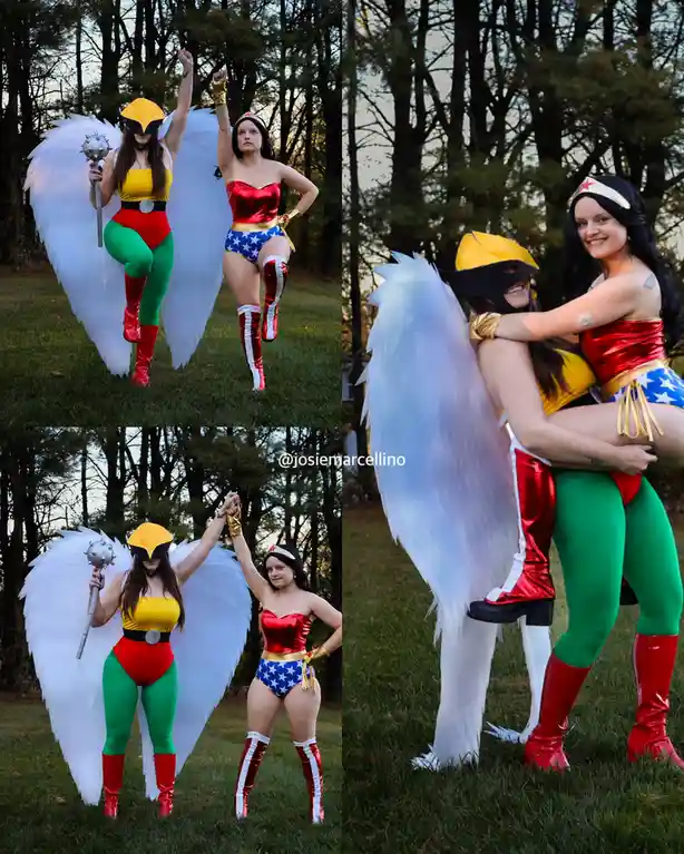 Four photos show two women in superhero costumes: one as Wonder Woman in red, blue, and gold, and the other as Hawkgirl in…