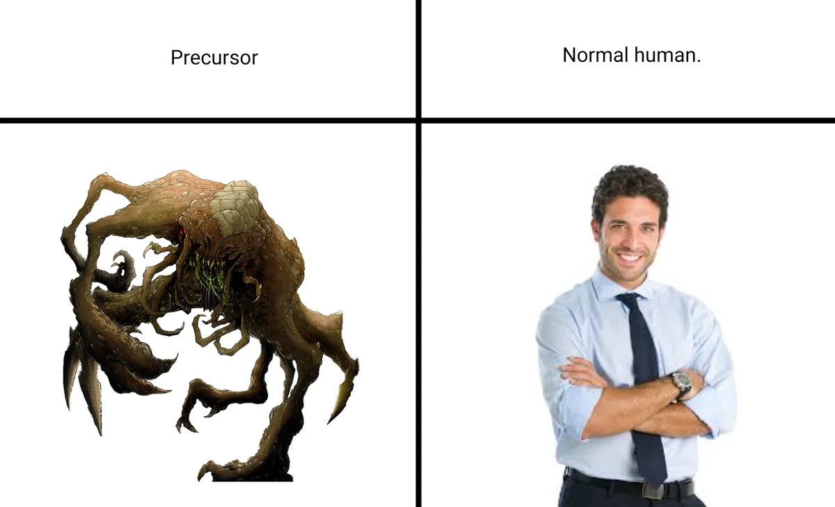 The image is a four-panel meme template with two side-by-side panels. The left panel shows a grotesque, multi-limbed, brown…