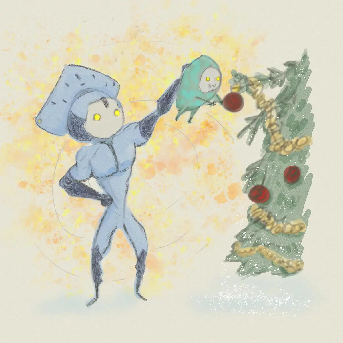 A watercolor-style illustration shows two stylized, humanoid figures with glowing yellow eyes. The larger, blue figure wears…