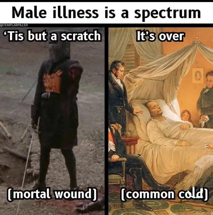The image is split into two panels. The left panel shows a knight in full armor with a visible, severe chest wound, overlaid…