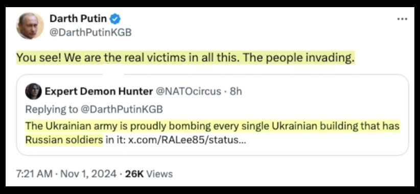 A screenshot of a Twitter thread shows a tweet from an account named 'Darth Putin' claiming 'We are the real victims in all…
