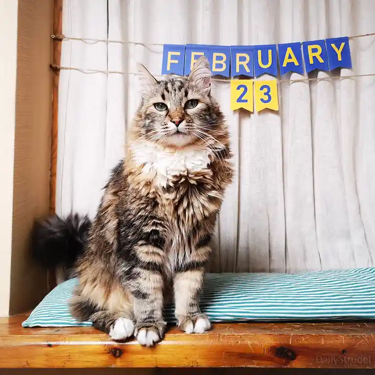 A fluffy tabby cat with green eyes sits regally on a wooden windowsill atop a blue and white striped cushion, looking…