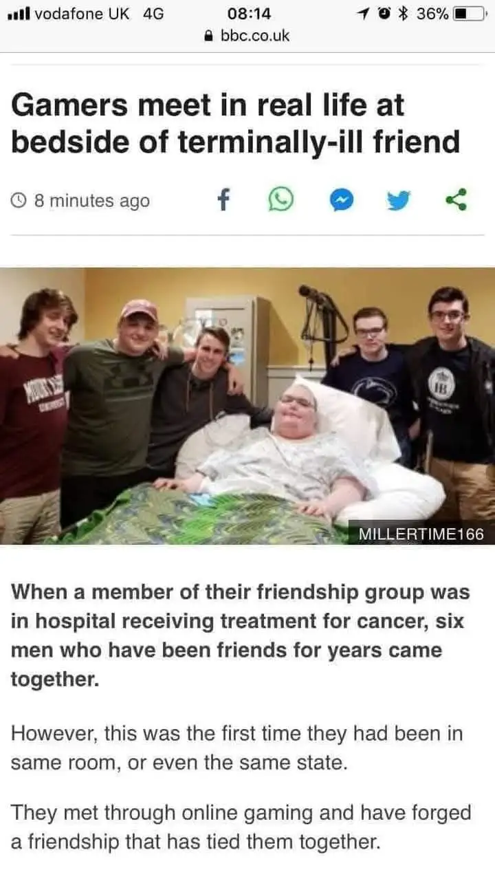 A screenshot of a BBC article shows six men posing together in a hospital room around a woman in a hospital bed. The…