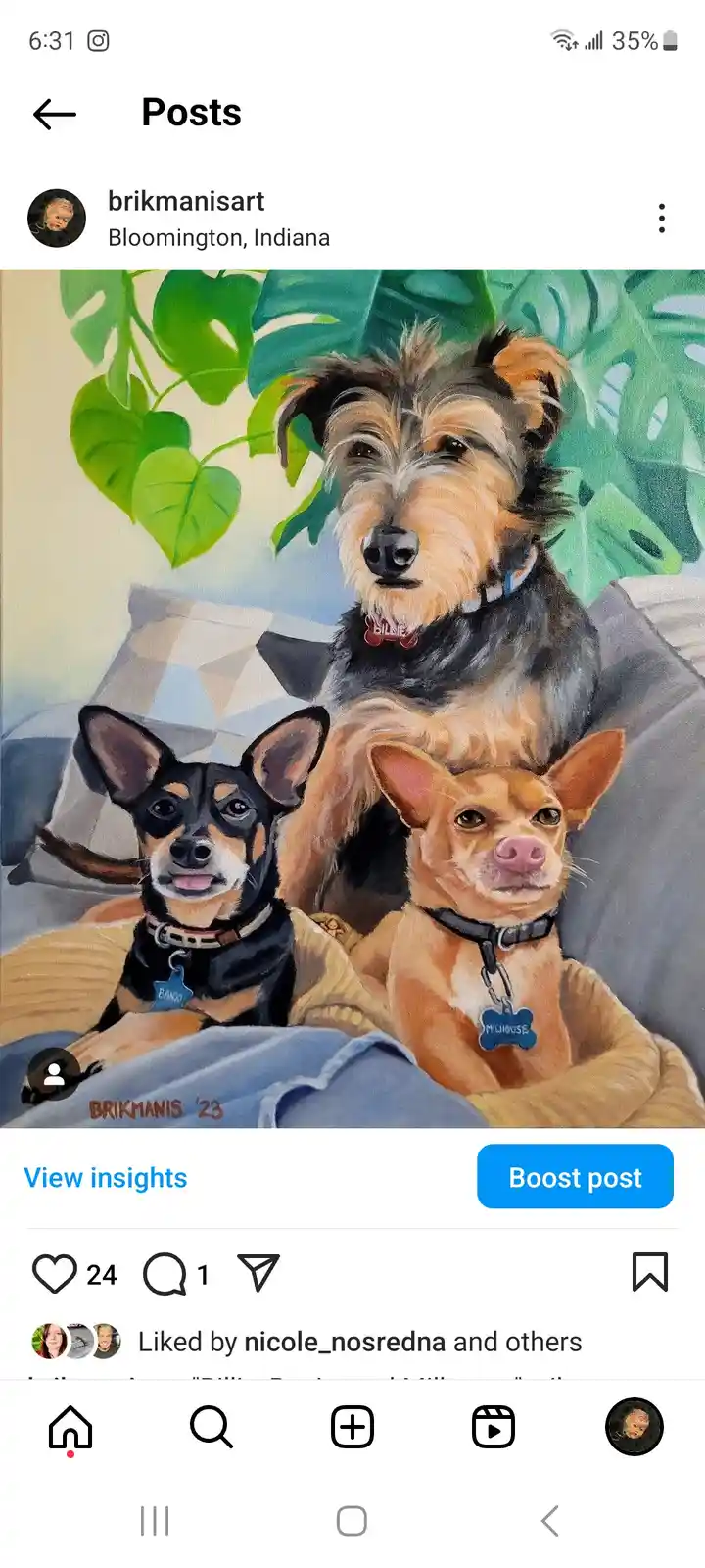 A professionally painted portrait shows three dogs sitting together on a couch with large green leaves in the background…