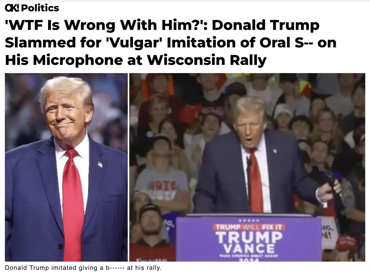 The image is a split-screen showing Donald Trump on the left smiling in a blue suit and red tie, and on the right, Trump at…