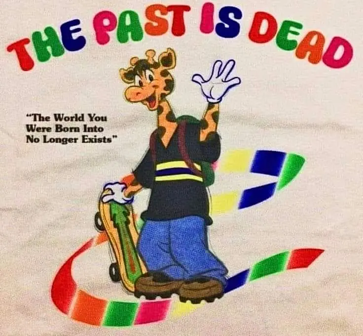 A vintage-style t-shirt graphic shows a cartoon giraffe wearing a black shirt with yellow stripes, blue pants, and brown…