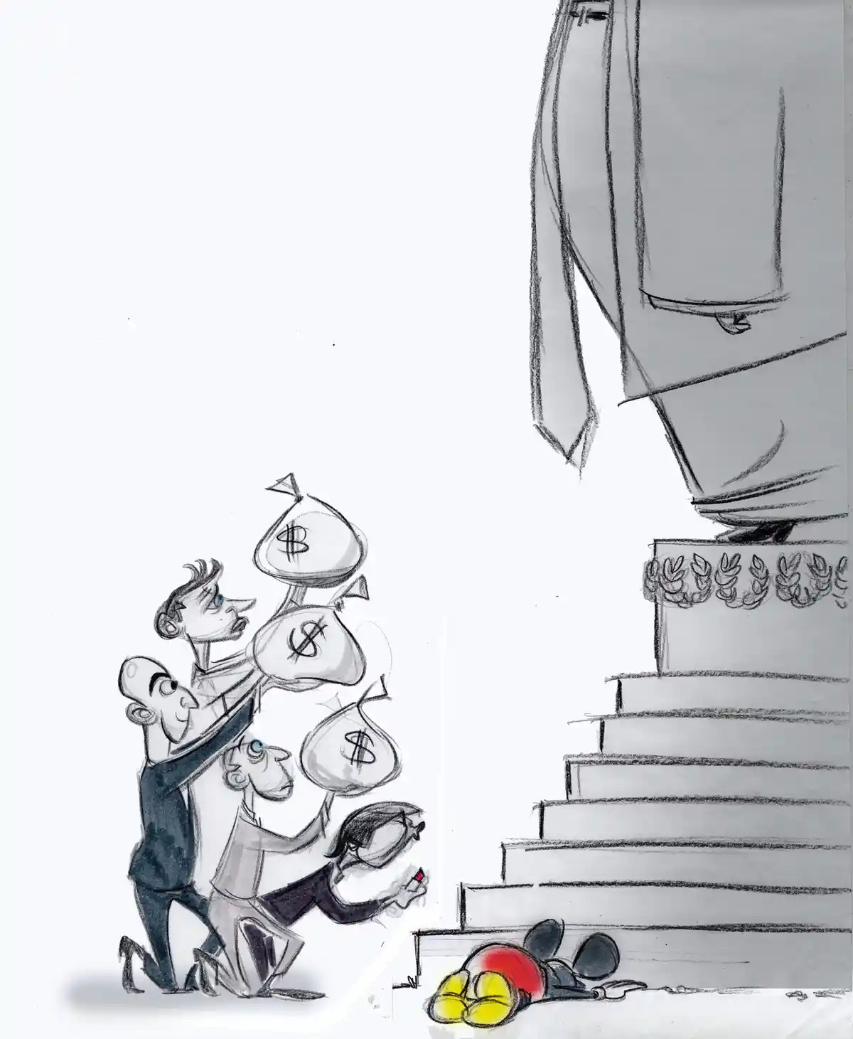 A cartoon drawing shows four men struggling to carry large sacks marked with dollar signs up a set of stairs toward a giant…