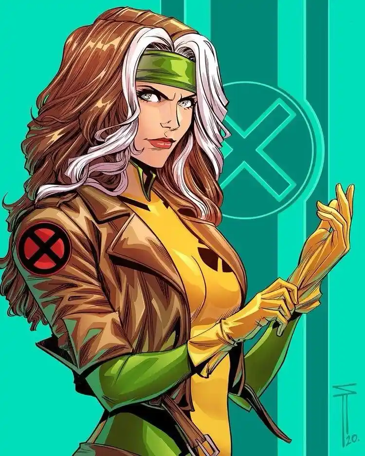 A comic book illustration of the X-Men character Emma Frost, shown with her signature white and brown hair, green headband…