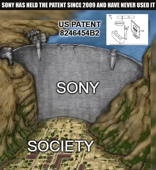 An illustration depicts a massive dam labeled 'SONY' holding back a body of water above a city labeled 'SOCIETY'. A US…