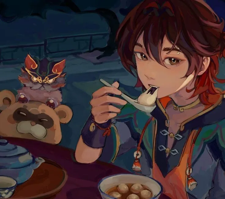 An anime-style character with brown hair and traditional clothing is eating soup with a spoon, looking directly at the…
