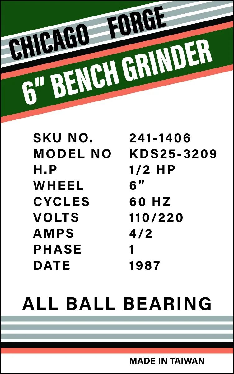 The image displays a vintage product label for a Chicago Forge 6" Bench Grinder, featuring a green, white, and red striped…